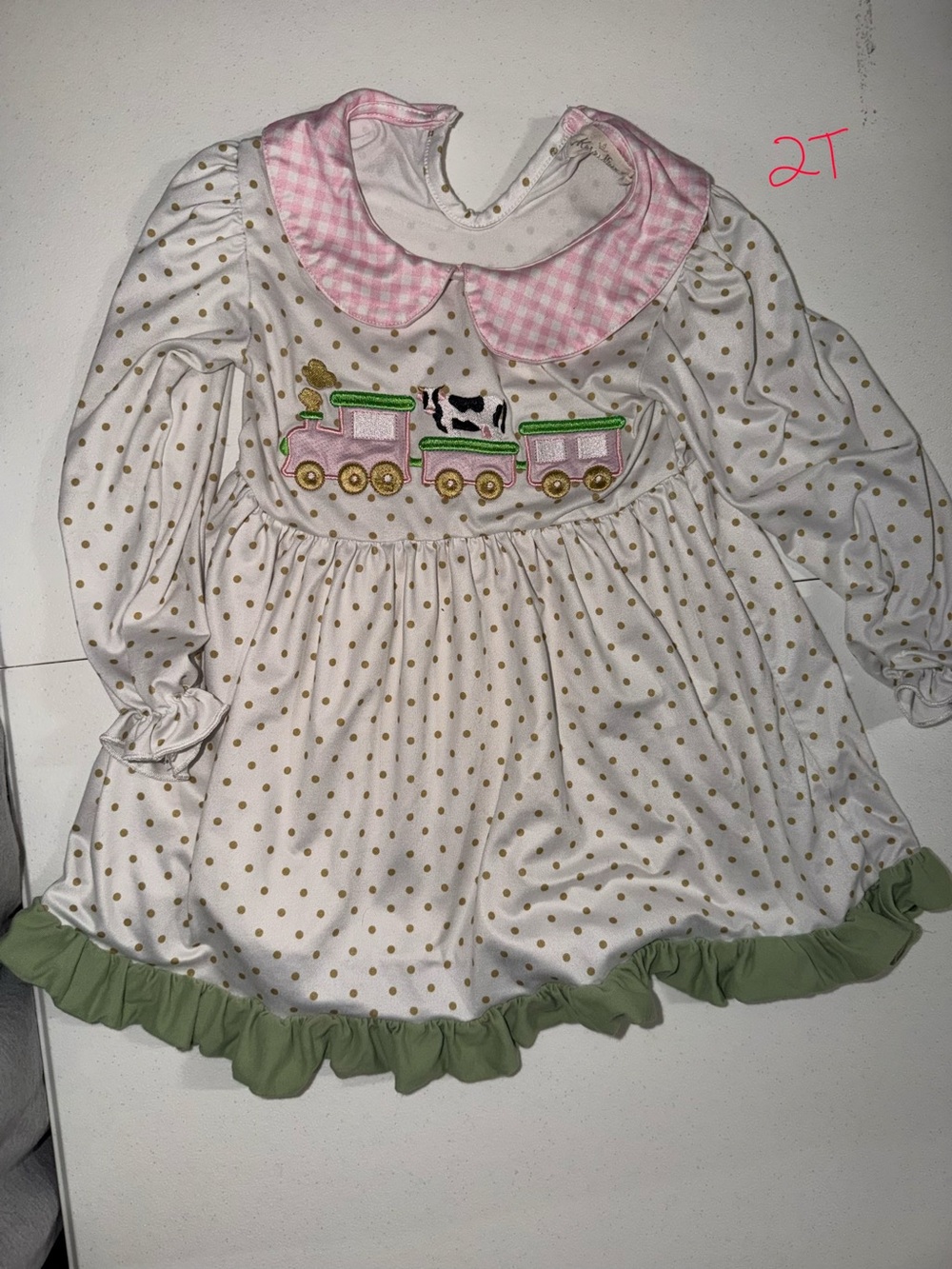Girls Pink Collar Polka Dot Train Dress